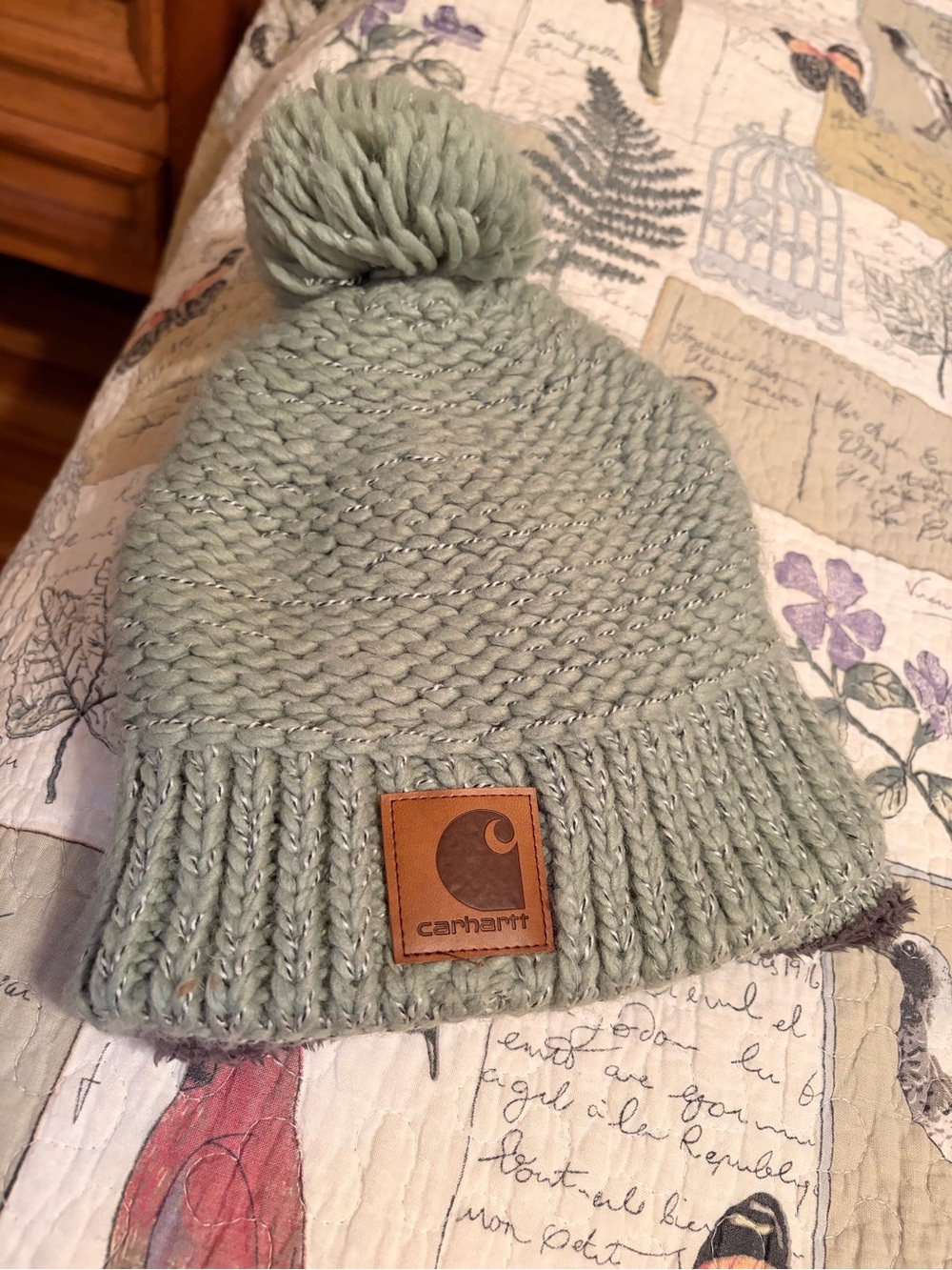 Carhartt Sage Green Pom Knit Beanie with Leather Patch